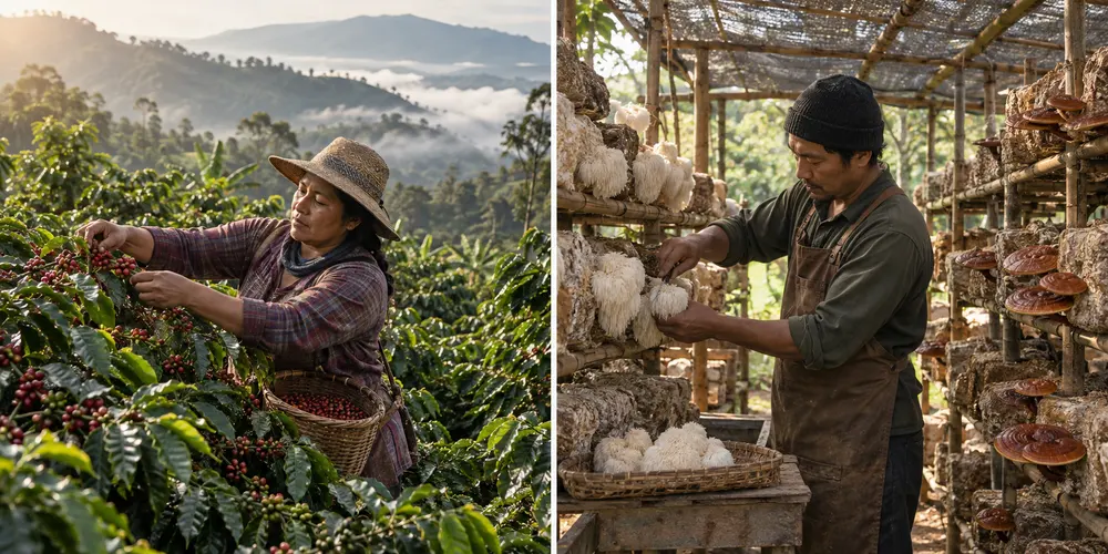Illustrative scenes of a coffee farmer picking ripe cherries and a mushroom grower harvesting beside lion’s mane and reishi