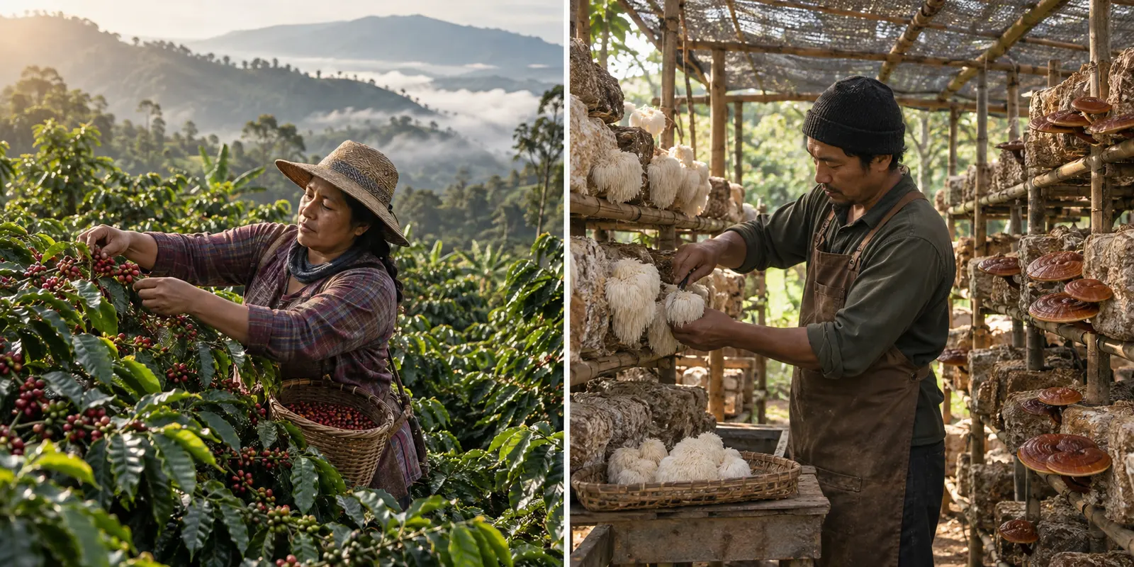 Illustration of coffee growing and harvesting