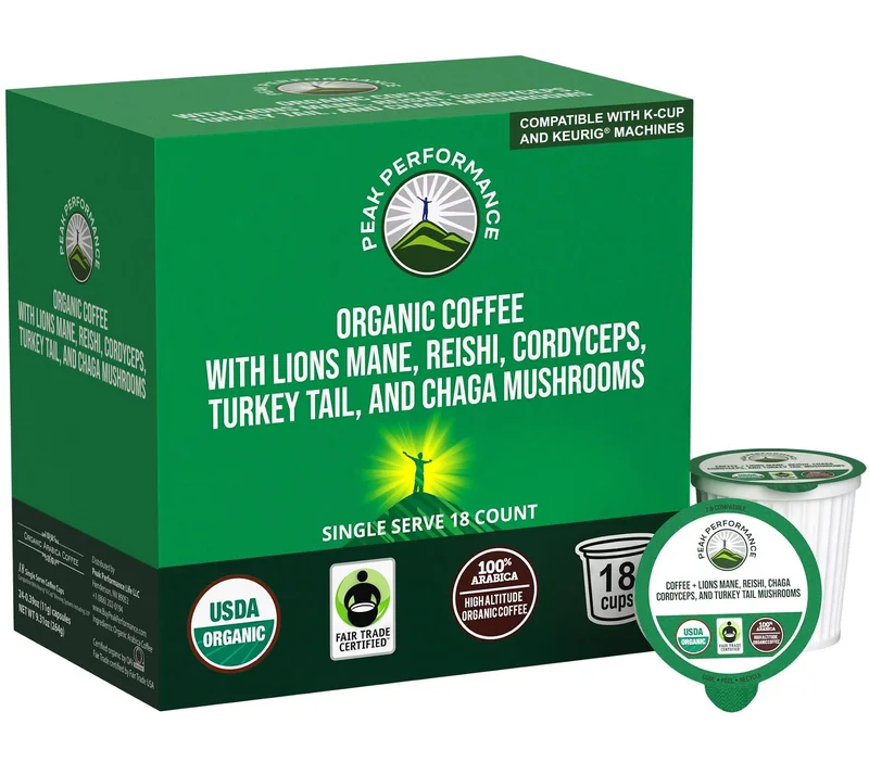 Peak Performance Organic Mushroom Coffee: actual green 18-count box with single-serve pods