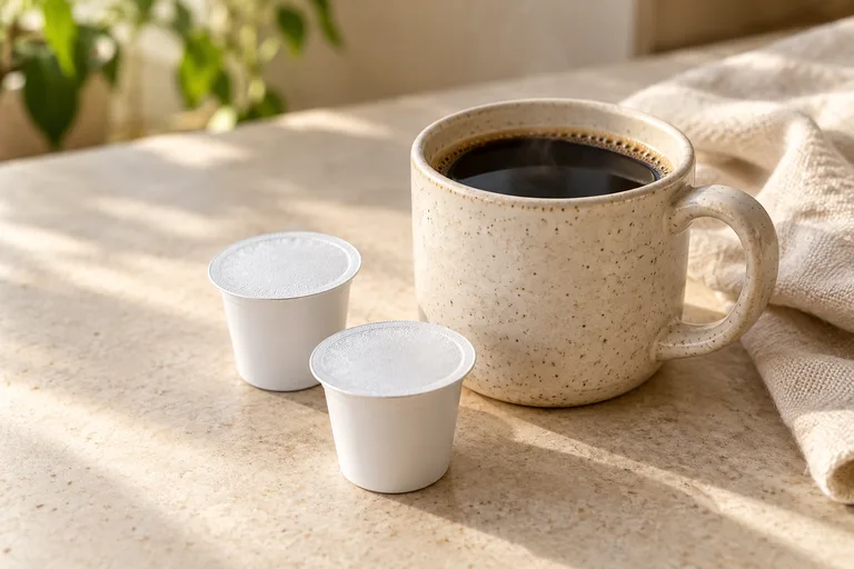 Illustration of a coffee mug beside two unbranded single-serve coffee pods
